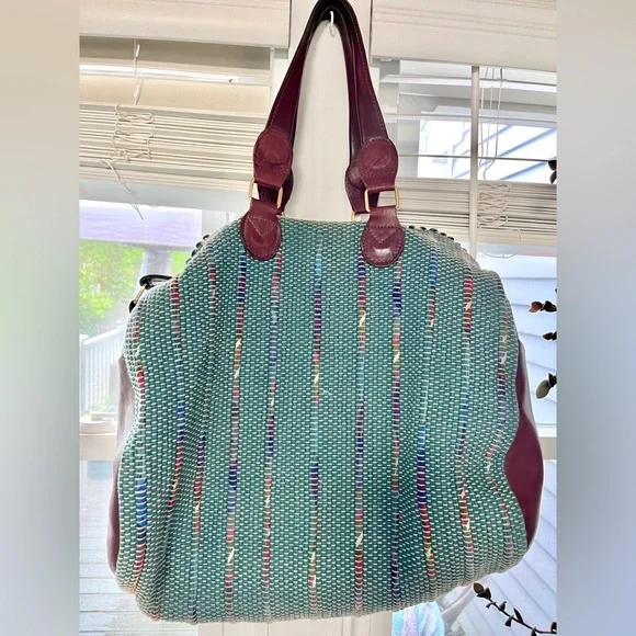 Vintage Hand Woven Leather Weekend Duffle Bag Teal Indie Hippie - Picture 2 of 8